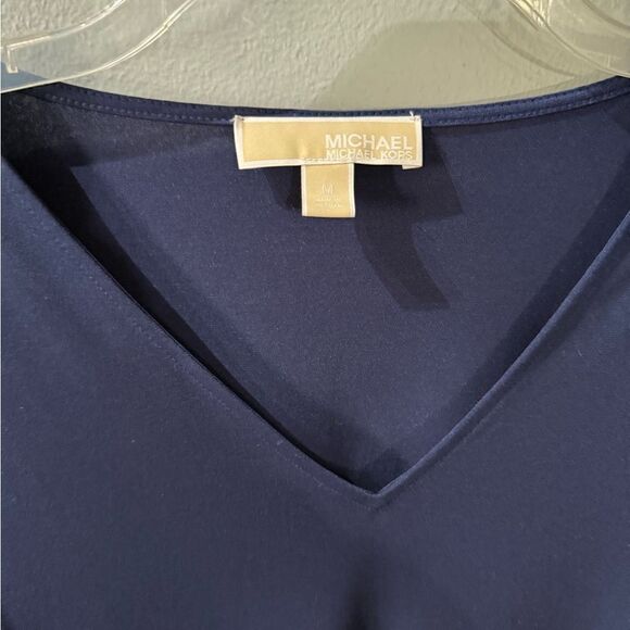Michael Kors Vneck Navy Blue Shift Shit Dress Gold Open Sleeve Godm Features M - Picture 4 of 7